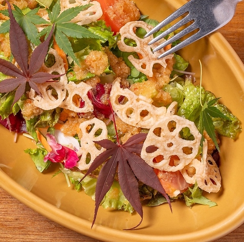 色々新鮮野菜とパリパリレンコンの秋サラダ〜紅葉おろしのイタリアンドレッシング